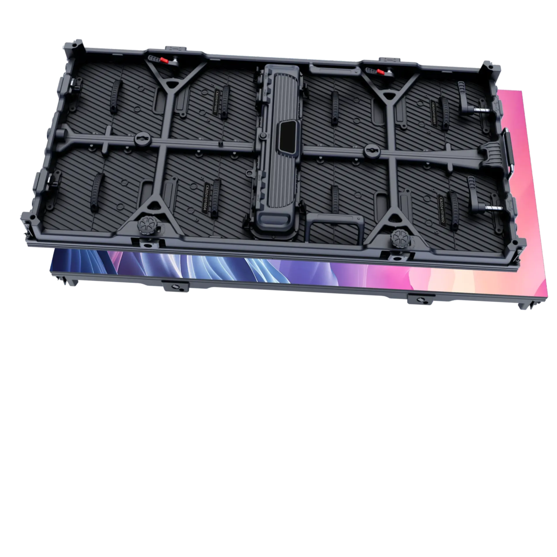 Rental LED display panels stacked in road-case cabinets — fast-rigged for touring events.