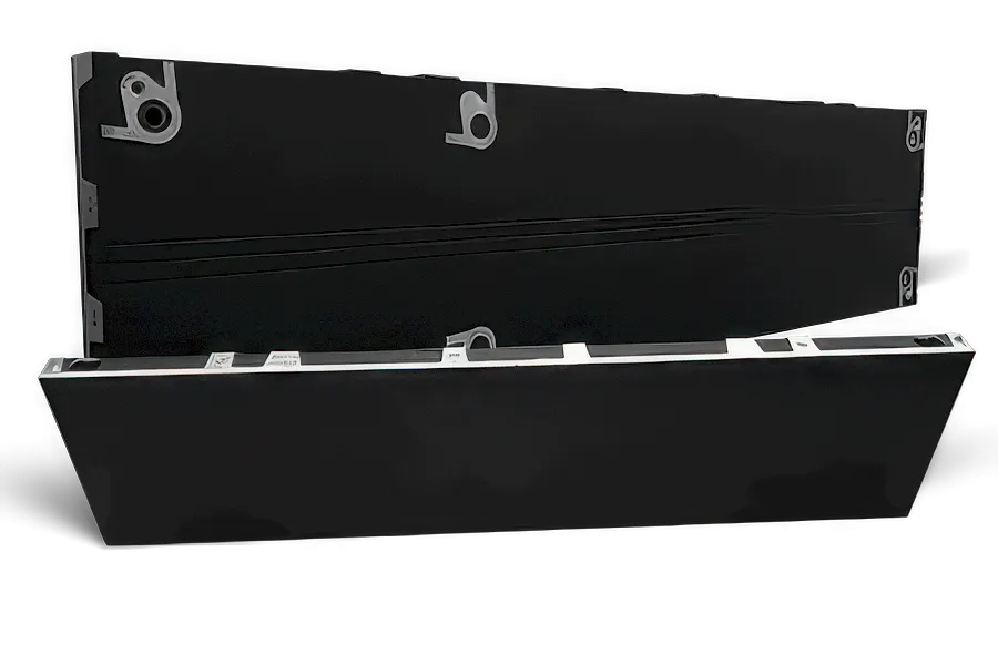 ARECH indoor LED display cabinet at an angle, slim black front panel with edge locks