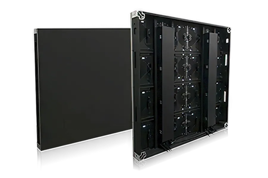 ARECH outdoor LED display cabinet, front face beside the open rear showing internal modules and corner locks