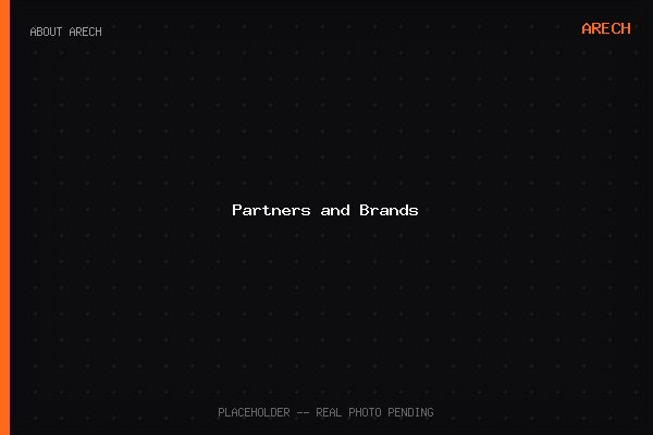 ARECH partner brand logos arranged in a grid -- LED chip, controller, power supply, IC, connector, and cooling fan partners that ship inside every ARECH cabinet